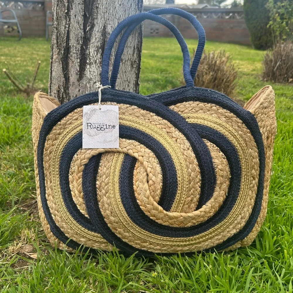 Jute Tote Straw Navy Blue and Tan Spiral Pattern Bag NWT - Picture 6 of 14